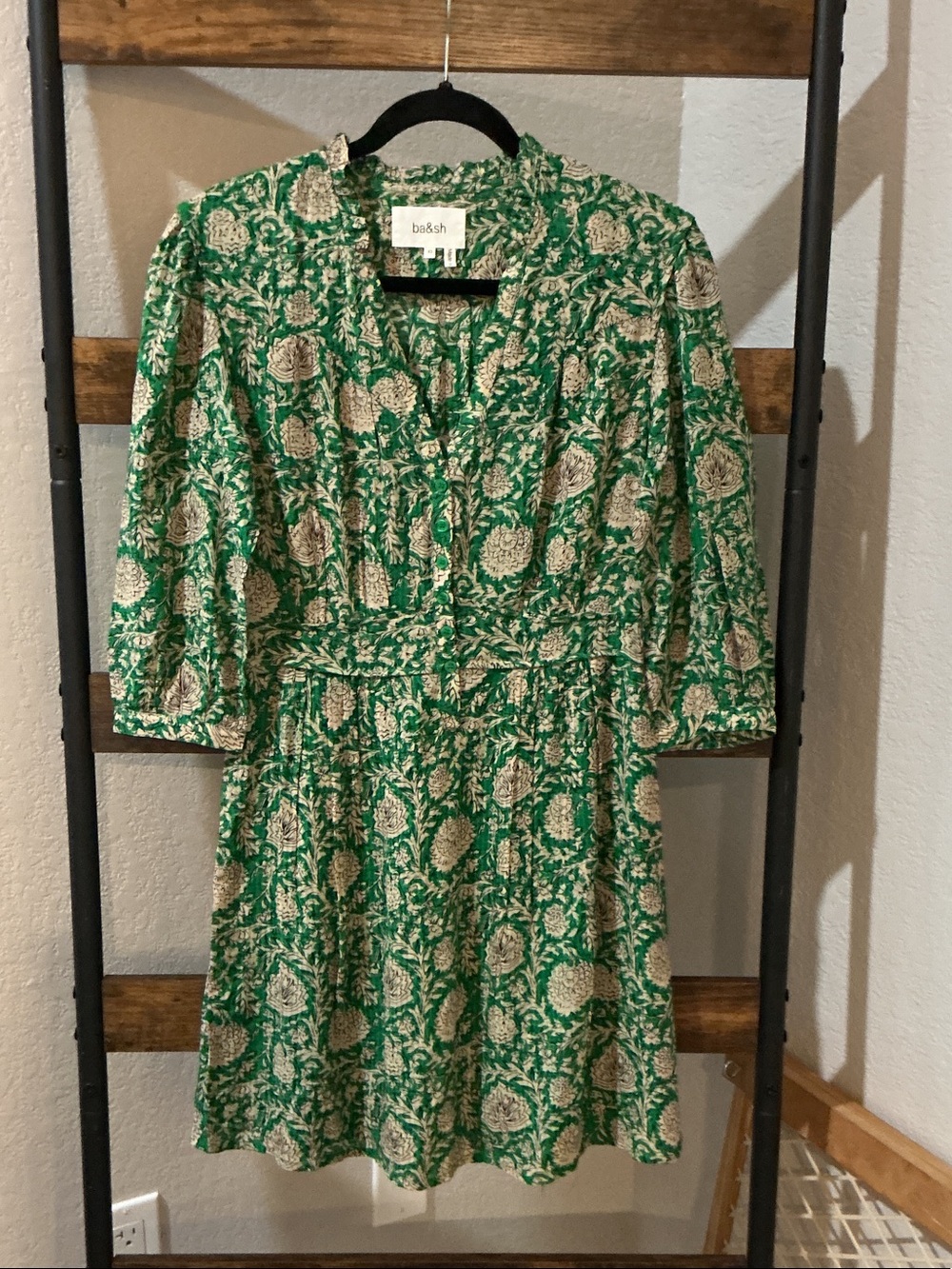 ba&sh Green and Cream Floral Short Dress